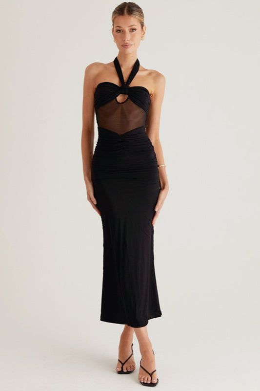 Halter Neck Knot Front Keyhole Cutout Mesh Panel Ruched Bodycon Maxi Dress