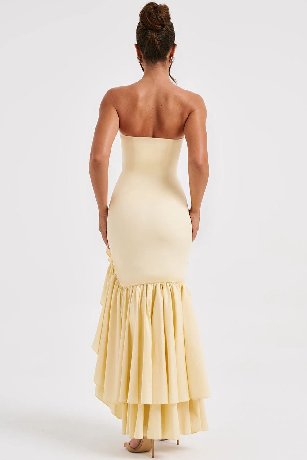 Strapless Corset Bustier High Split Ruffle Hem Maxi Dress