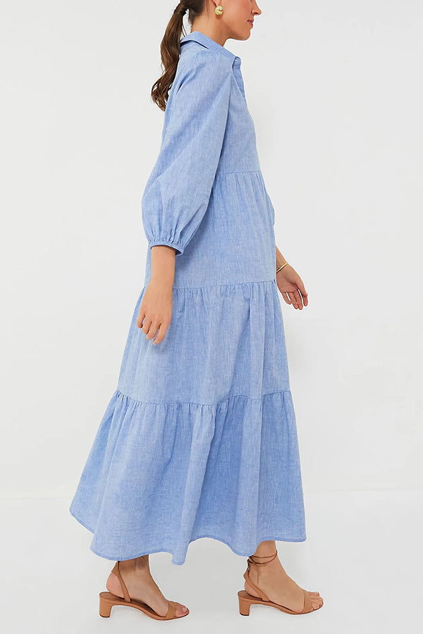 Collared Button Front Tiered Elastic Cuff Long Sleeve Midi Shirt Dress