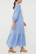 Collared Button Front Tiered Elastic Cuff Long Sleeve Midi Shirt Dress