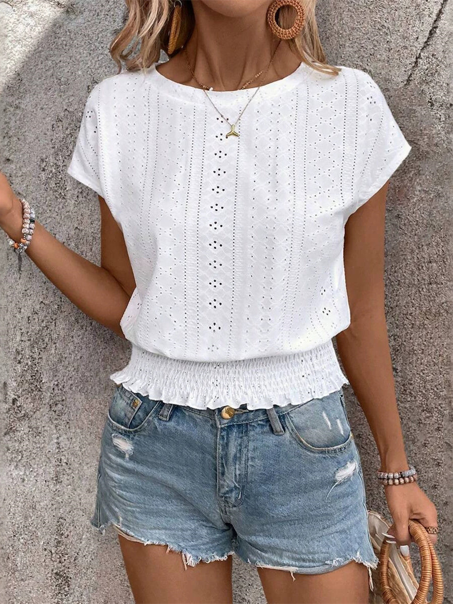 Minimalist Textured Solid Color Cutout T-shirt
