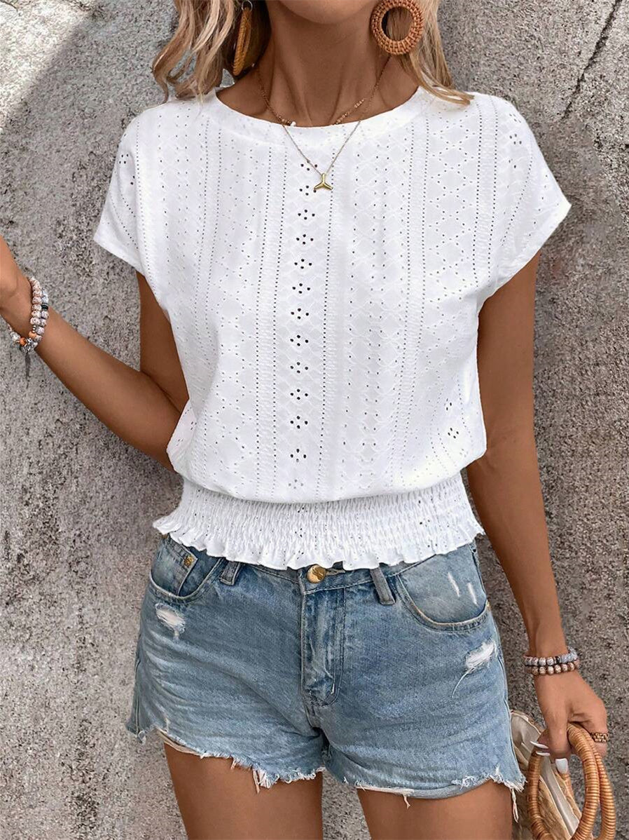 Minimalist Textured Solid Color Cutout T-shirt