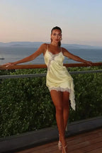 Asymmetric Lace Trim Fitted Bodycon Mini Dress