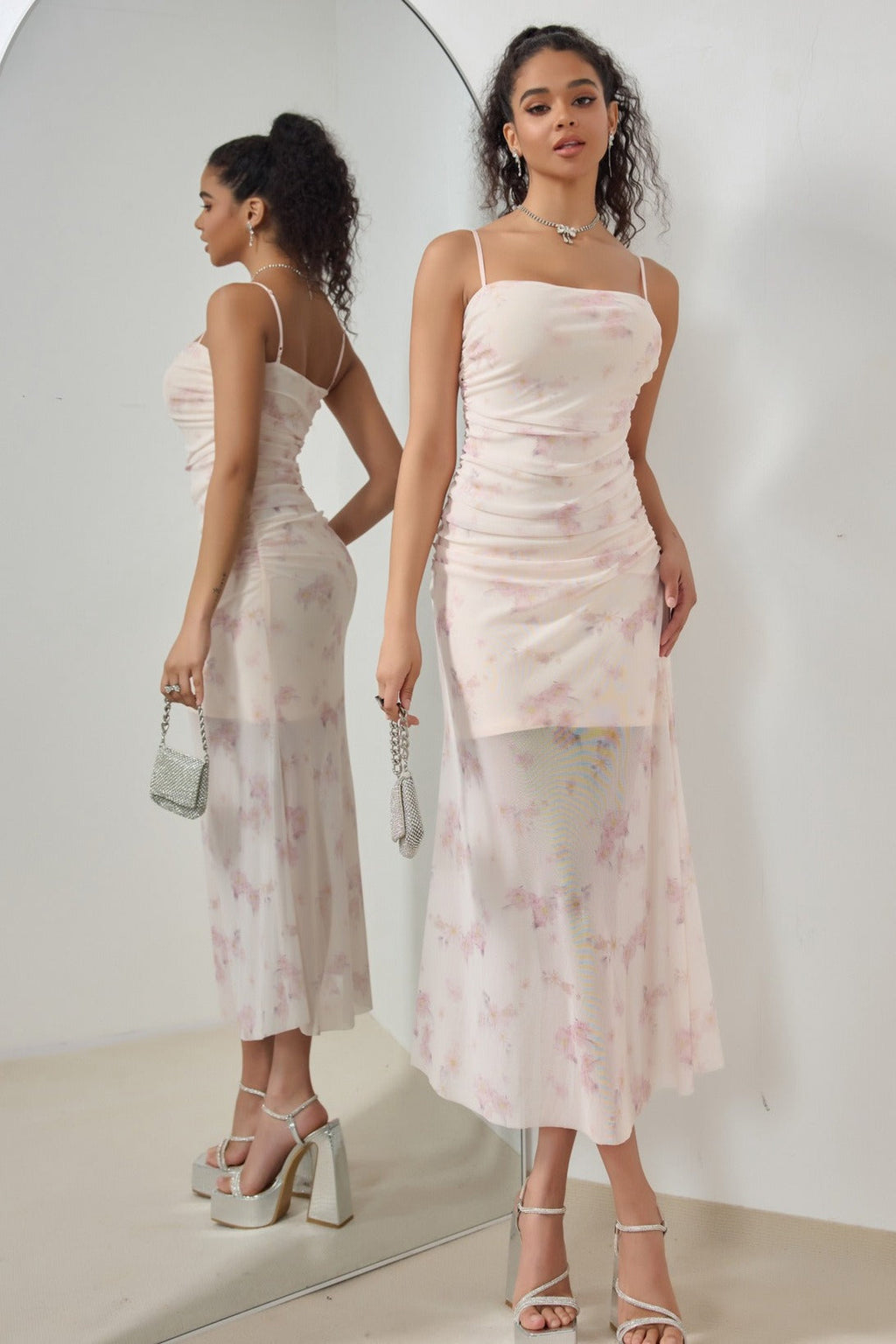 Pink Spaghetti Strap Square Neck Ruched Mesh Sheer Overlay Watercolor Floral Midi Dress