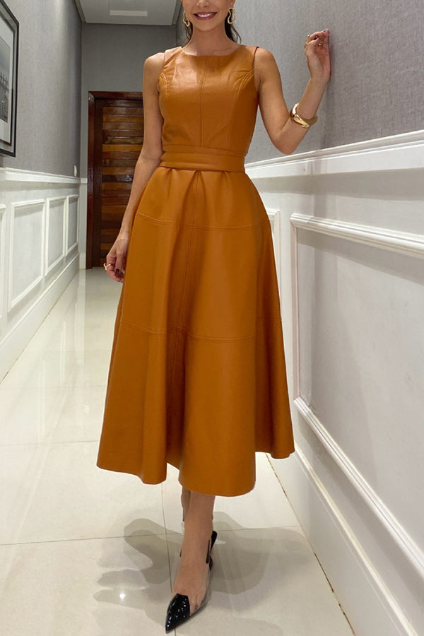 Faux Leather Princess Seam Waist Belt Tiered A-Line Midi Dress