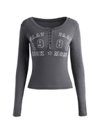 Number Letter Print Breasted Slim Long Sleeve Tee