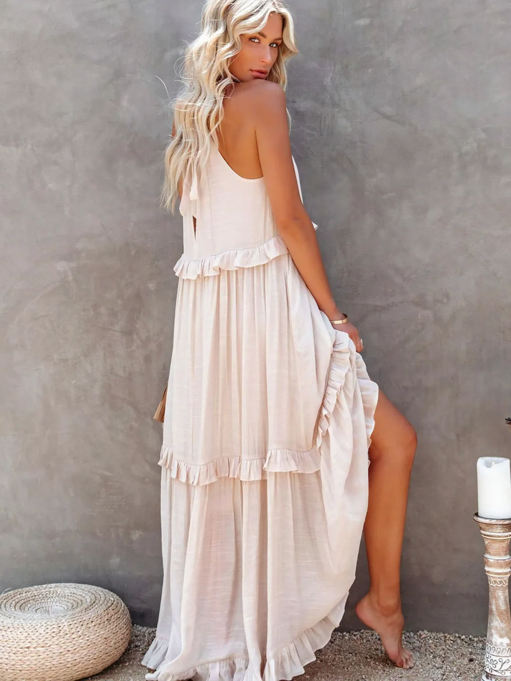 High Neck Smocked Halter Sleeveless Tiered Ruffle Maxi Dress
