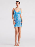 Women Blue Embellished Sequined Bodycon Mini Dress