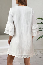 White Deep V Neck Embroidered Bib Pom Trim Bell Sleeve Lace Hem Mini Dress