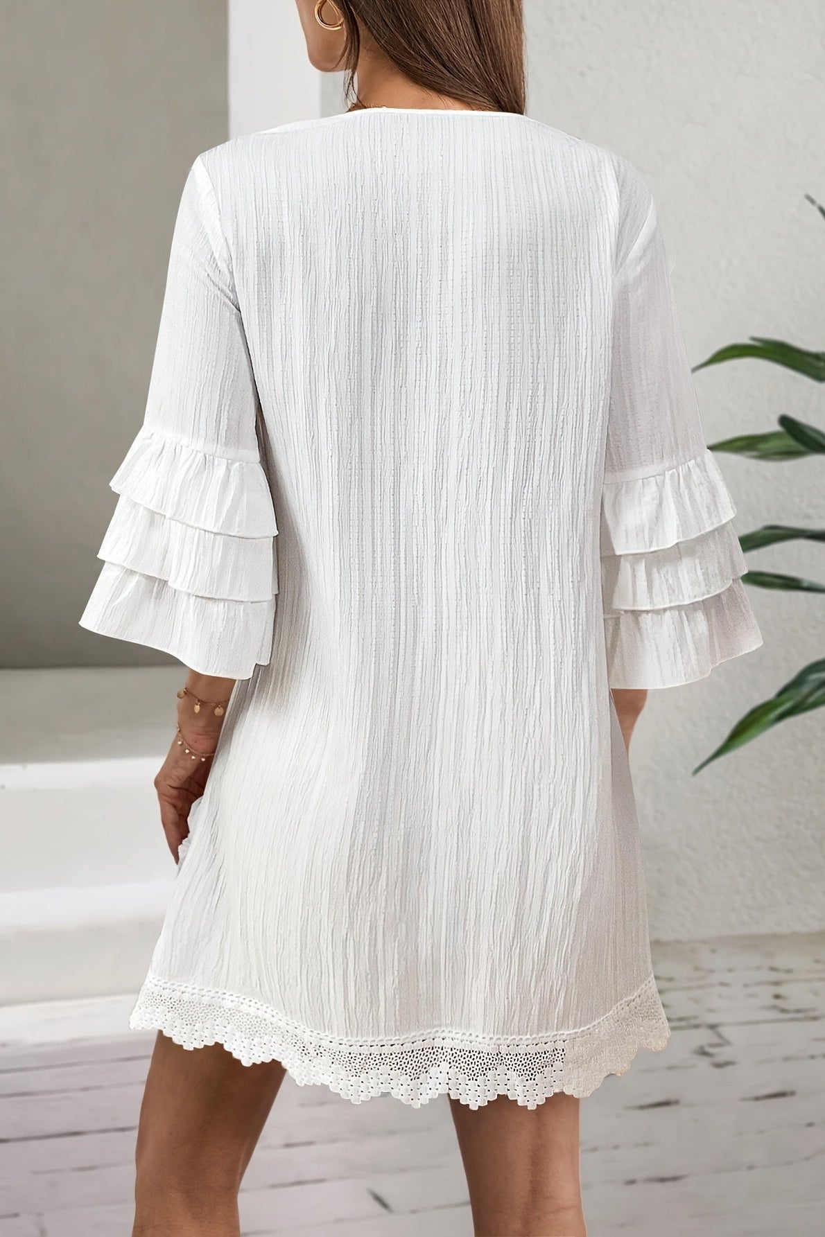 White Deep V Neck Embroidered Bib Pom Trim Bell Sleeve Lace Hem Mini Dress