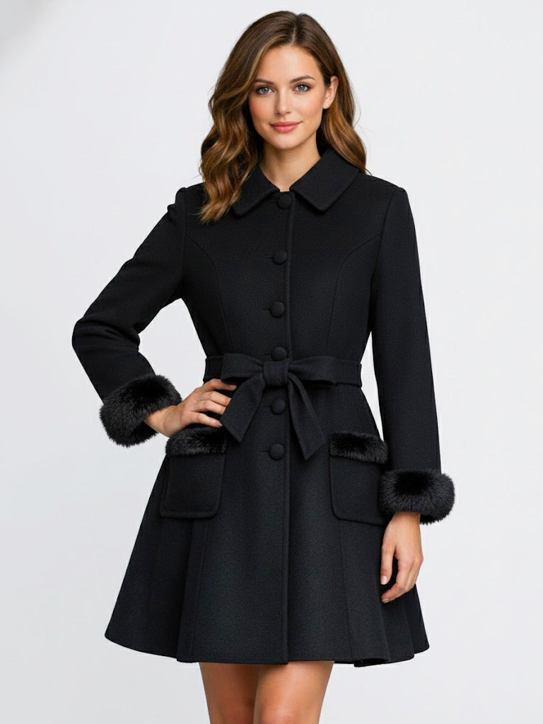Faux Fur Trimmed Belted Wool Blend coat With Hooded Cape For Women 2026