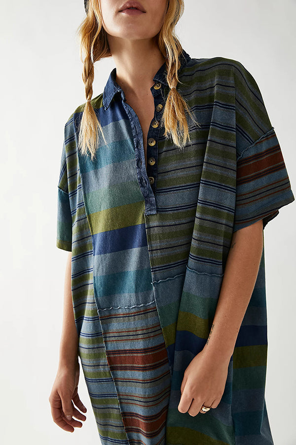 Denim Collar Striped Patchwork Polo Rugby Mini Dress