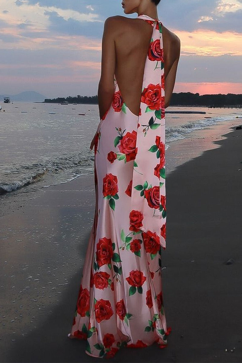 Floral Print Satin Halter Neck Cowl Backless Maxi Dress