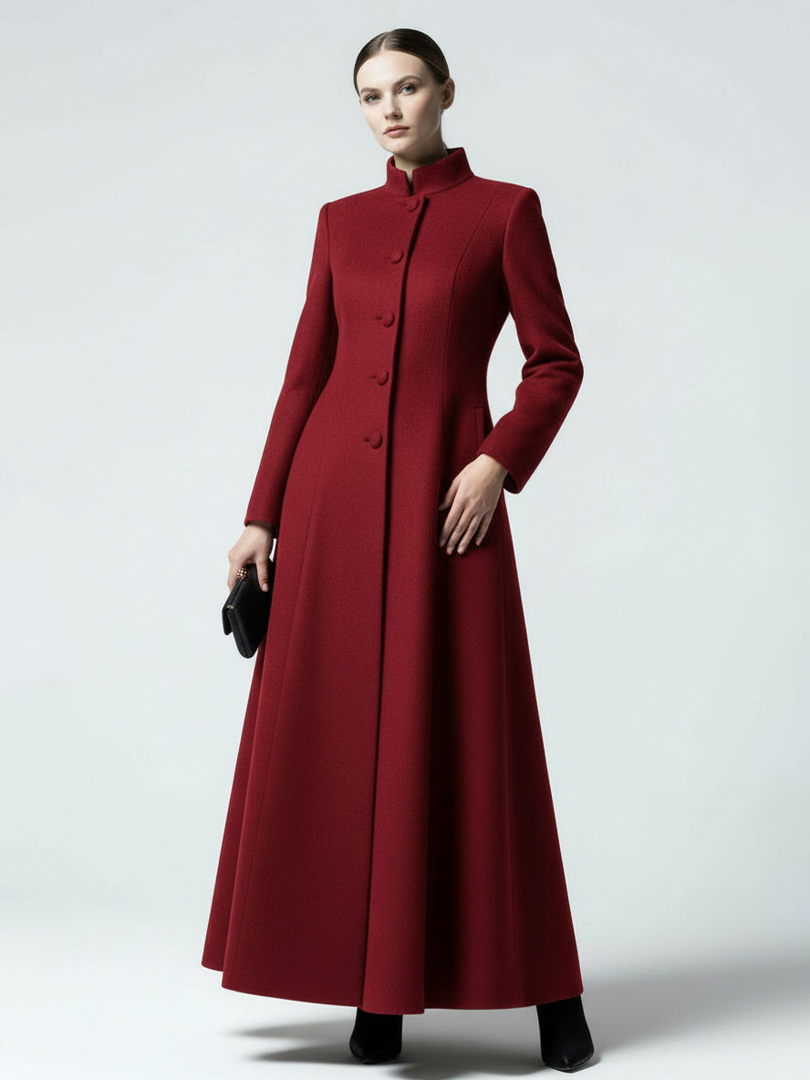 Maxi Wool Blend A-Line Coat with Stand Collar For Women 2026