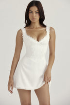 Corset Bodice Sweetheart Eyelet Lace Trim Wide Strap Mini Dress