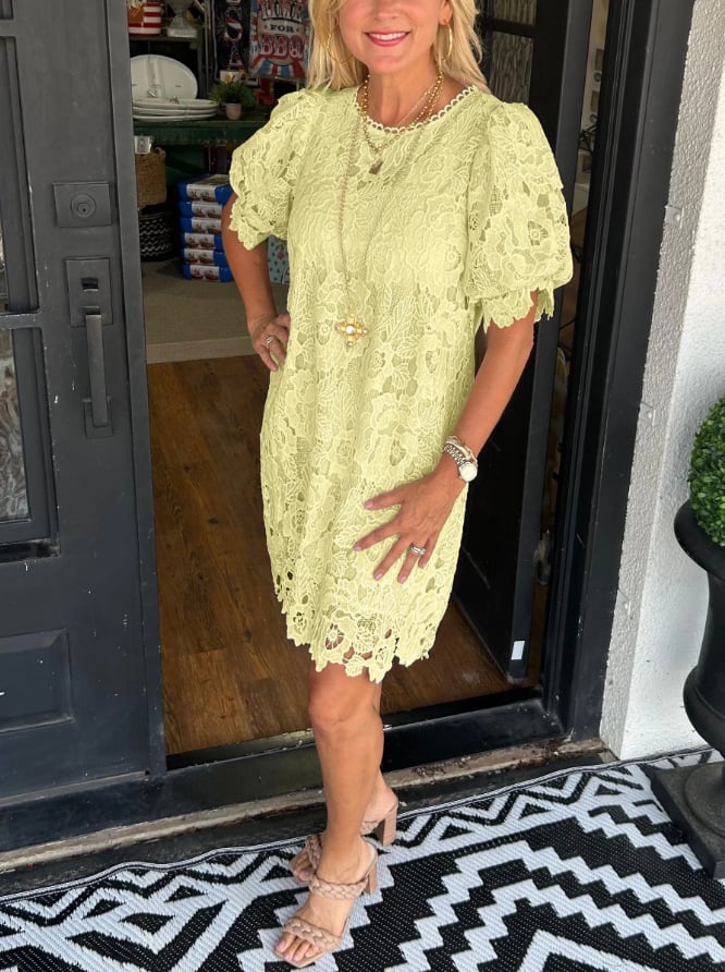 Floral Lace Scalloped Puff Sleeve Crew Neck Shift Mini Dress