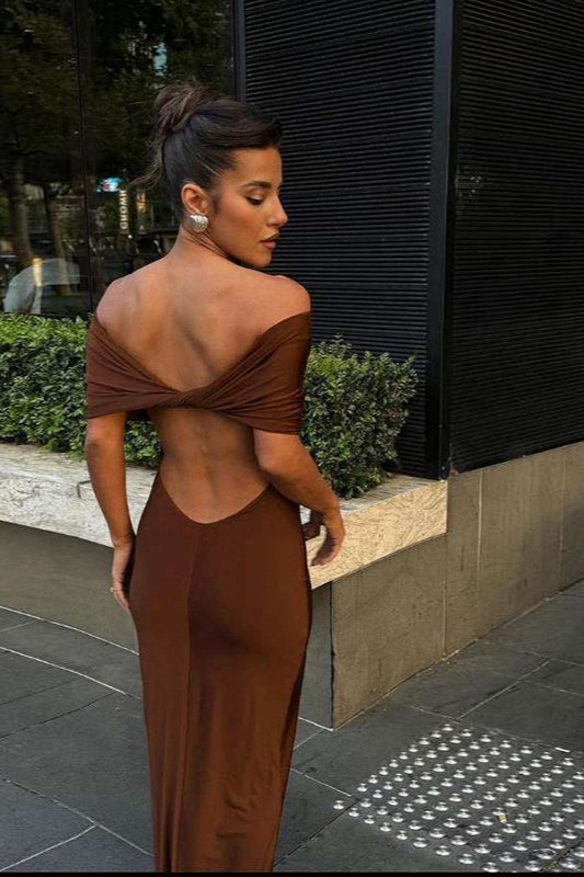 Off Shoulder Ruched Draped Bodycon Maxi Formal Dress