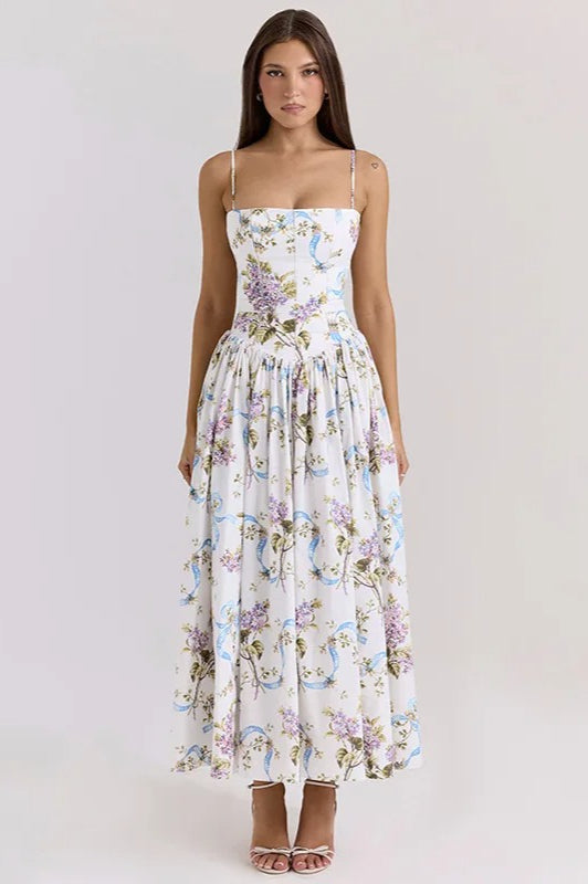 Square Neck Corset Bodice Dropped Waist Floral Ribbon Print Maxi Dress