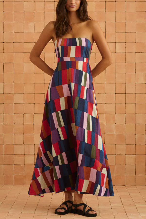 Retro Chic Linen Blend Colorful Color Block Strapless Back Smocked Midi Dress