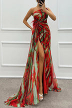 Renee Exclusive Amazing Views Off Shoulder Pleated Slit Maxi Dress with Feather Rose Detail in Watercolor Print Chic Silhouette Collection