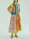 Collared Button Down Balloon Sleeve Architectural Scene Print Belted Maxi Dress