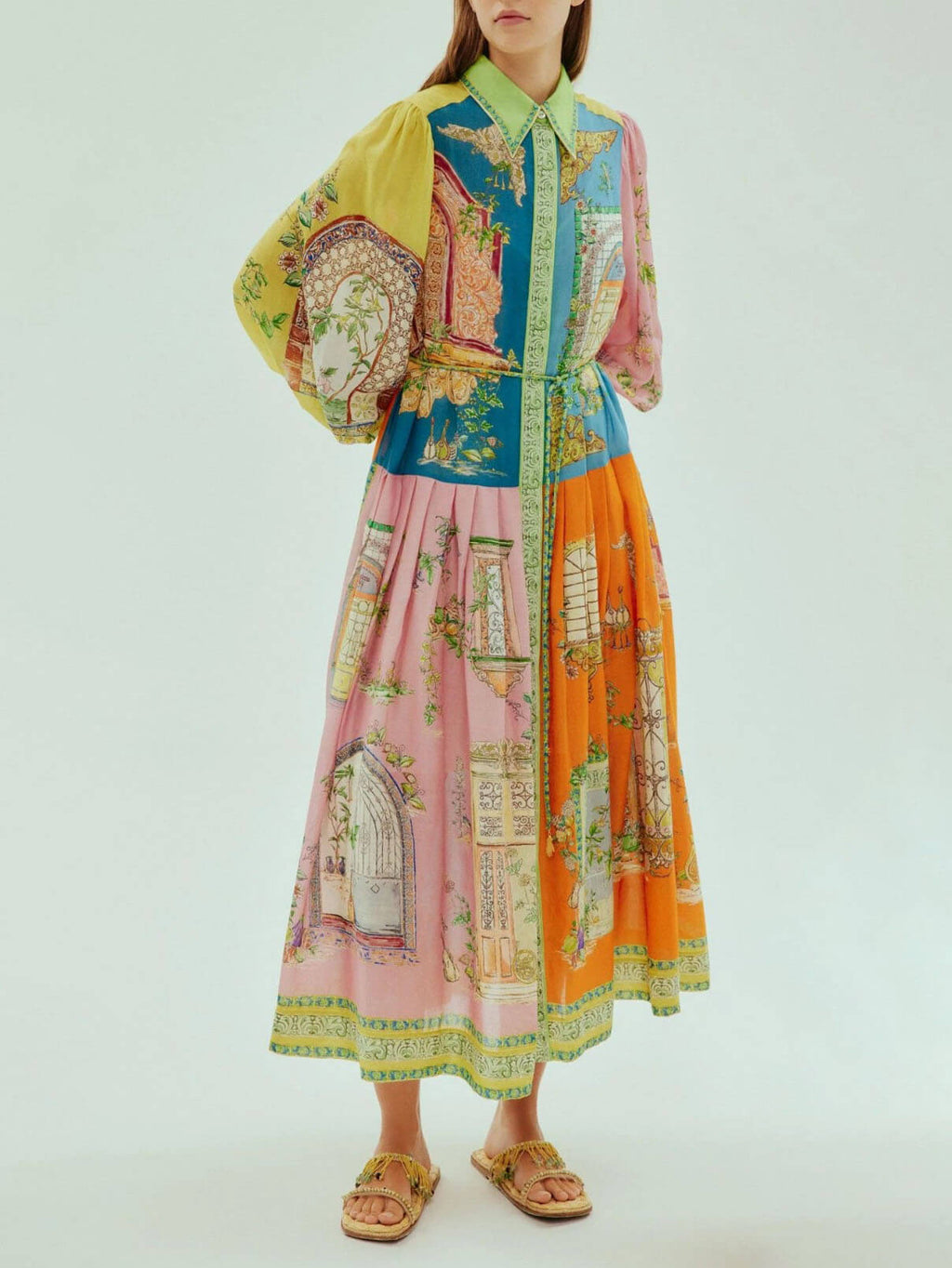 Collared Button Down Balloon Sleeve Architectural Scene Print Belted Maxi Dress