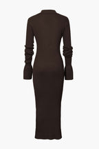 Rib Knit Polo Collar Button Front Flared Cuff Maxi Dress