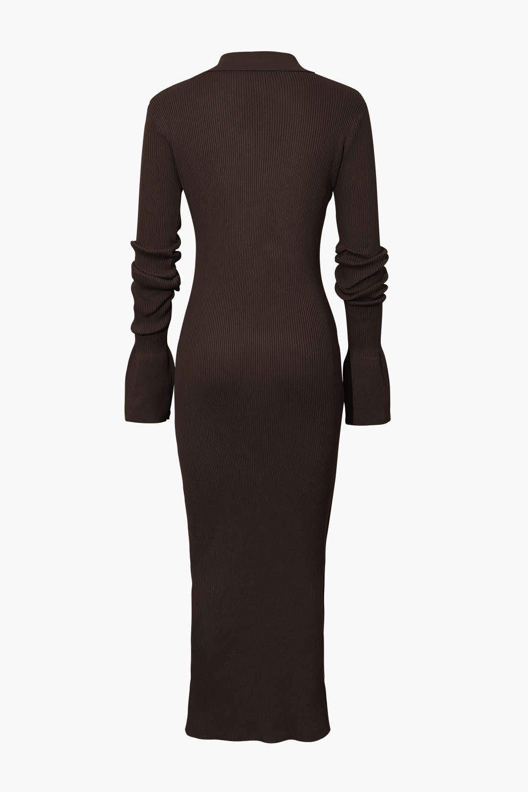 Rib Knit Polo Collar Button Front Flared Cuff Maxi Dress