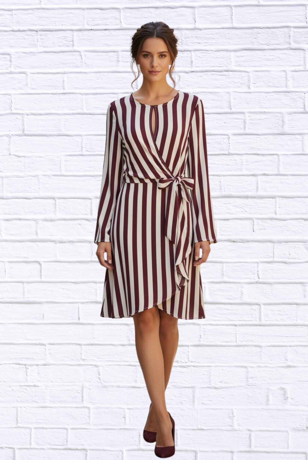 Burgundy and Cream Striped Long Sleeve Wrap Dress _ Elegant Tie-Waist A-Line Midi Dress