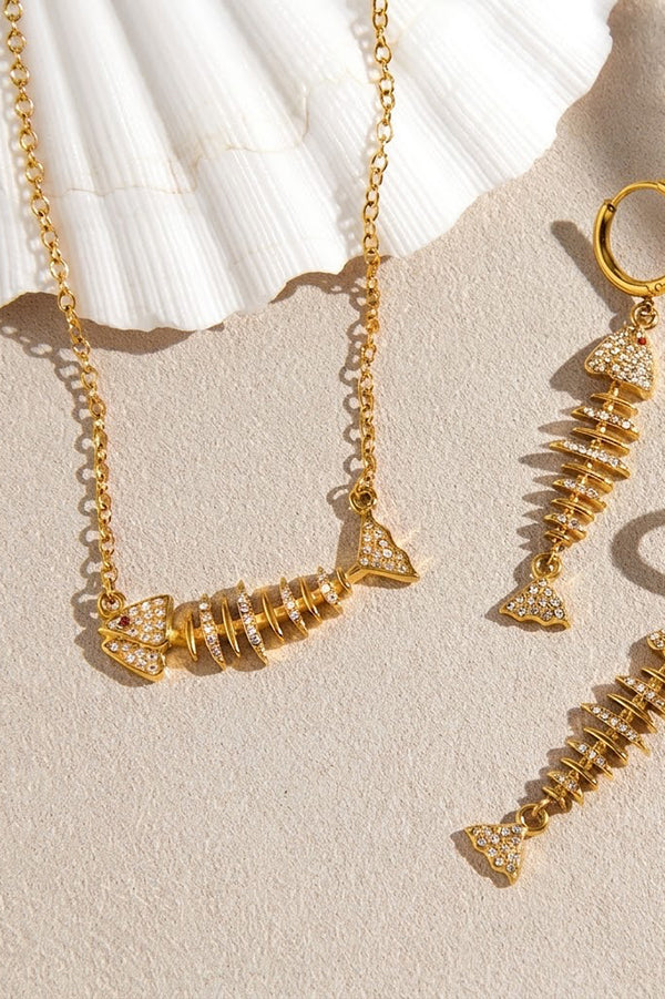 Stylish Rhinestone-accented Fishbone Stud Earrings and Necklace