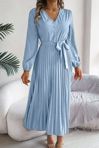 Deep V-Neck Bishop Sleeve Button Front Pleated Belted Midi Dress