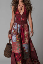 Unique Printed V-neck Sleeveless Fitted Waist Casual Maxi Dress