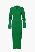 Rib Knit Polo Collar Button Front Flared Cuff Maxi Dress