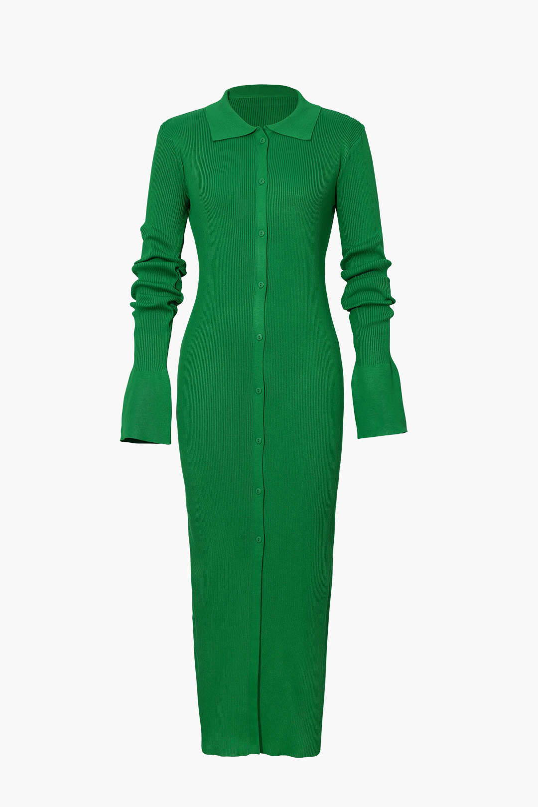 Rib Knit Polo Collar Button Front Flared Cuff Maxi Dress