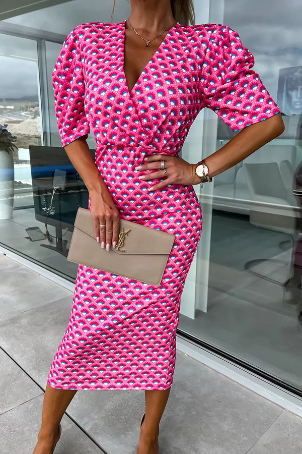 Printed Puff Sleeve Wrap V-Neck Bodycon Midi Dress