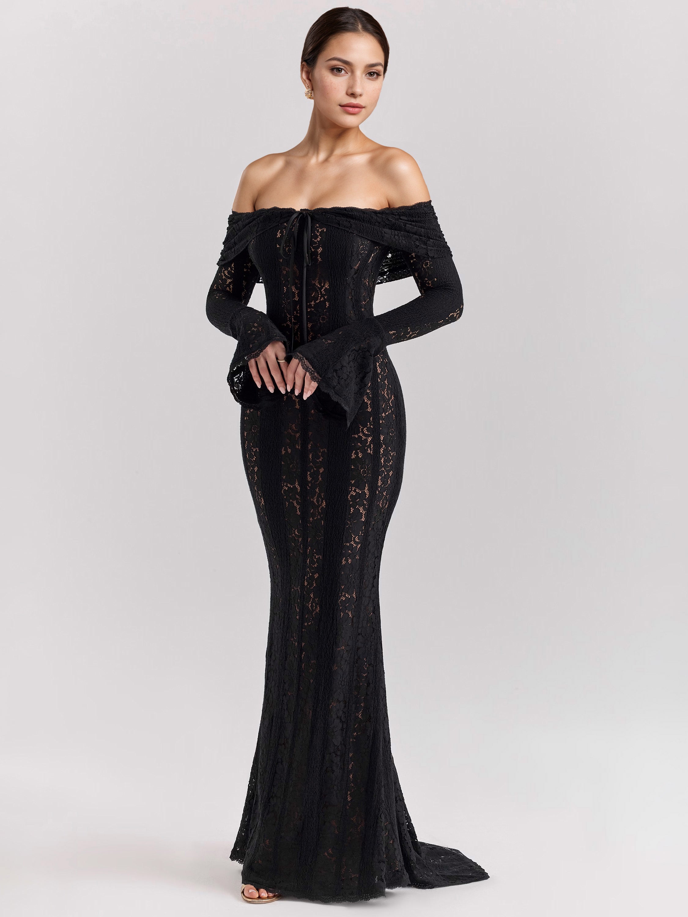 Black Floral Lace Maxi Dress Off Shoulder Bell Long Sleeve Mermaid Bodycon Dress For Women 2026