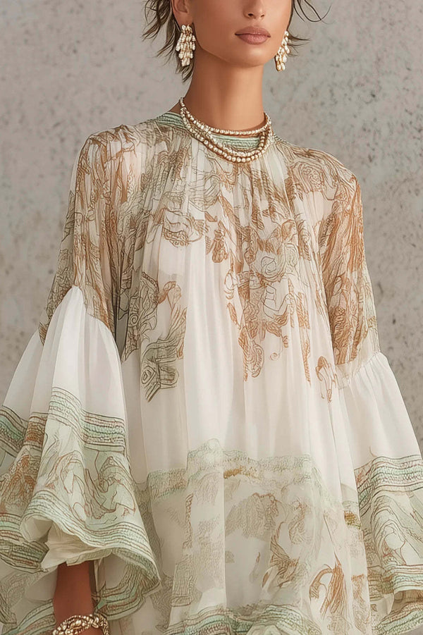 Mini Dress with Flared Sleeves and Printed Ruffles