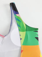 One-piece Swimsuit With Cross-over Print, Revealing Backpack And Hip-revealing Long Skirt (two-piece Set)