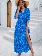 Printed Straps V-neck Short Sleeve Slit Maxi Dresses