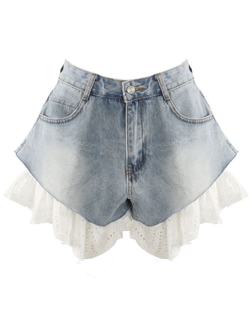 Straight-leg Patchwork Lace Denim Shorts