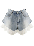 Straight-leg Patchwork Lace Denim Shorts