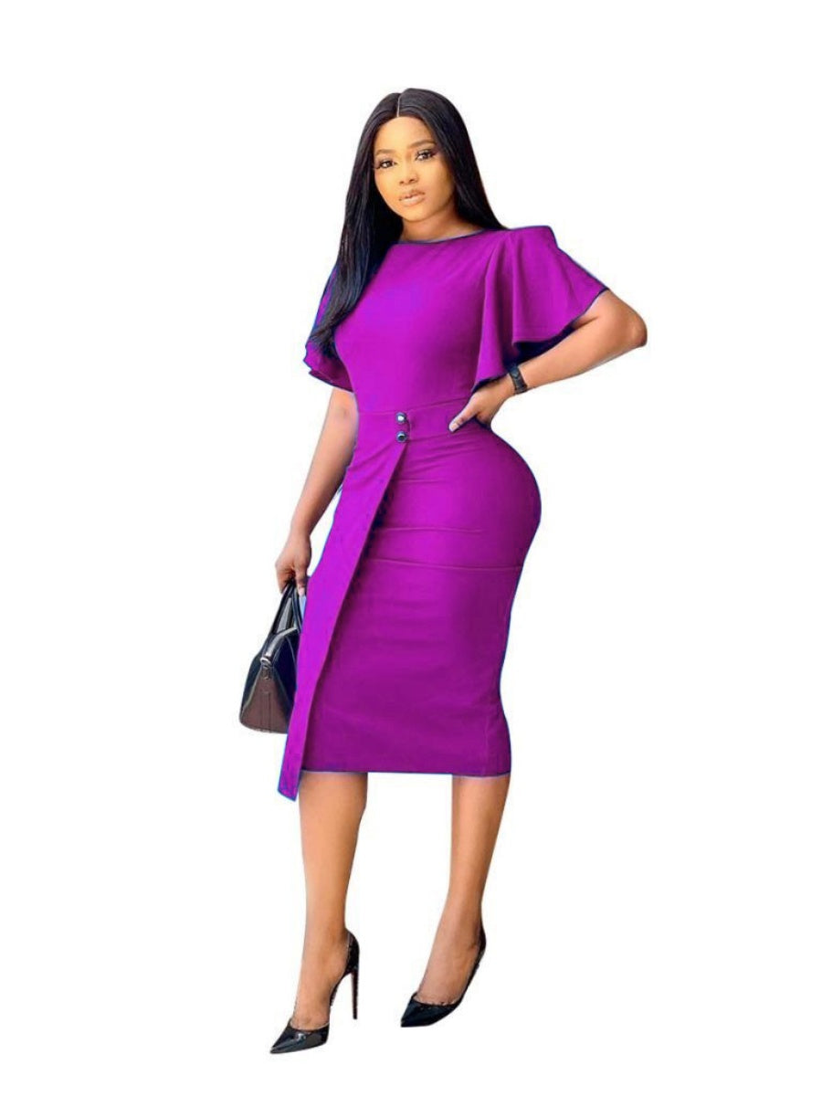 Commuting Lotus Leaf Sleeves Buttons Solid Color Mini&Short Dresses