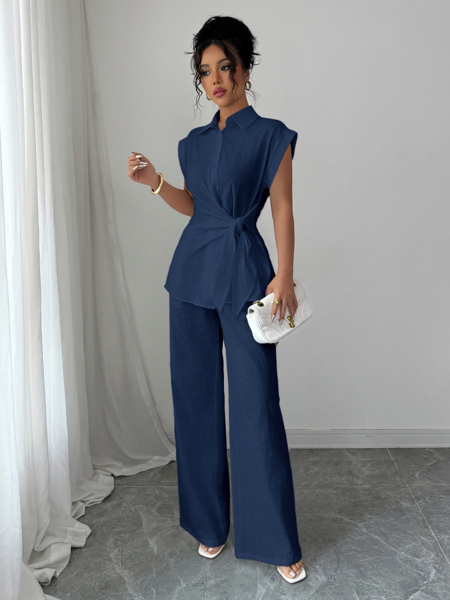 Lapel Sleeveless Kink Shirts Wide-leg Pants Business Suit 2-piece Sets