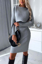 Ribbed Knit Long Sleeves Crop Pullover and Bodycon Cami Dress Set