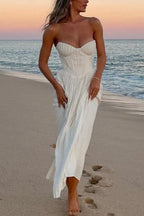 Strapless Waisted Corset Pleated Maxi Party Dress