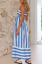 Back Cut Out High Waist Striped Maxi Cami Dress