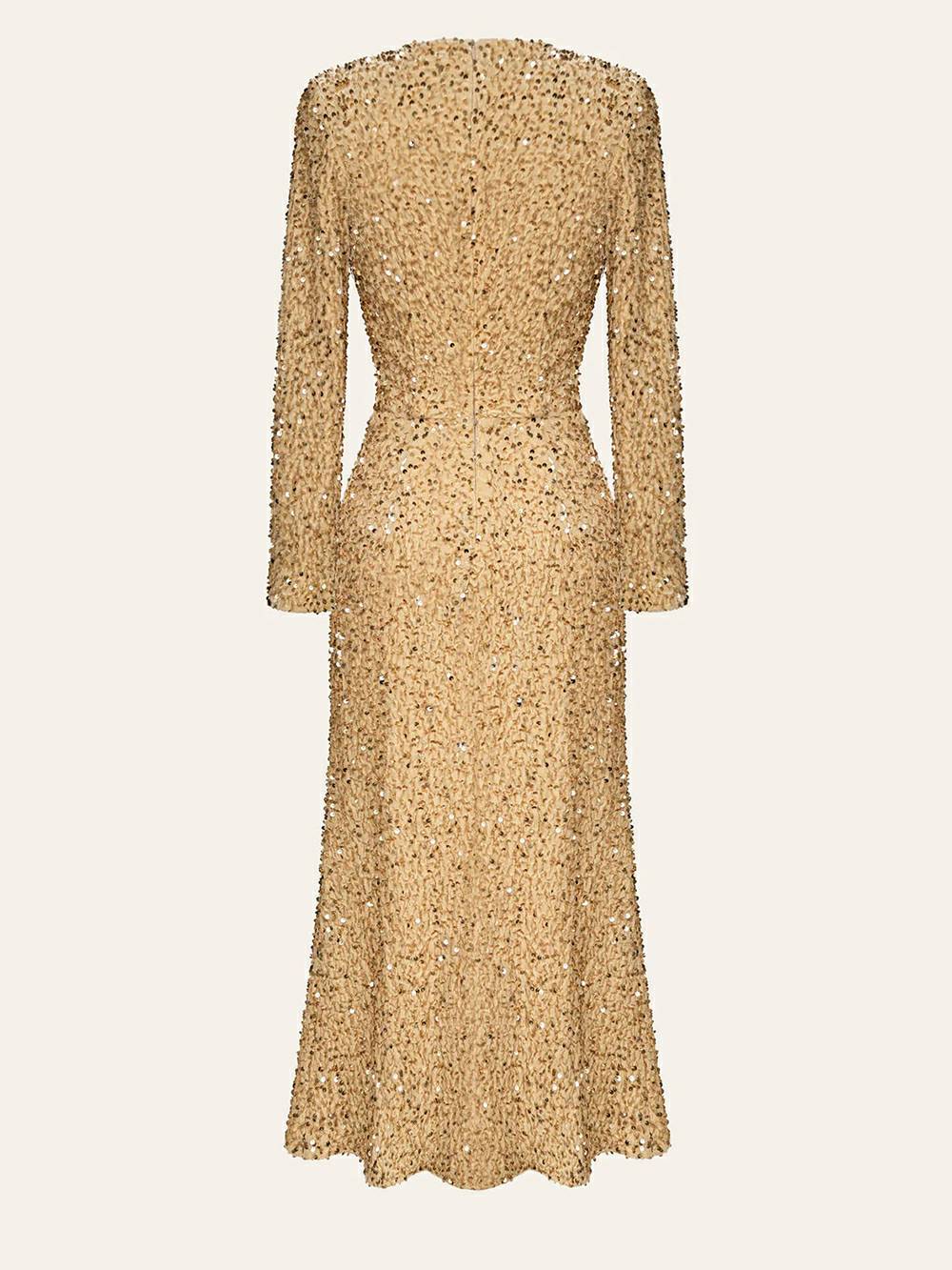 Round Neck Long Sleeve Allover Sequin Column Midi Dress