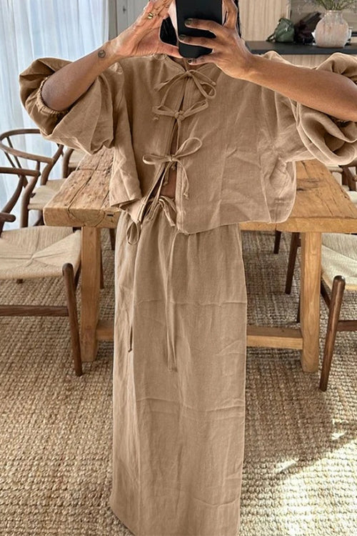 Puff Long Sleeves Lace-up Shirt Drawstring Waist Maxi Skirt Set