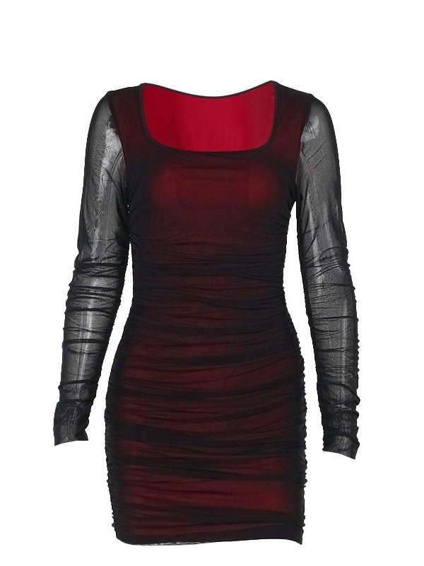 Fitted Mesh Long-Sleeved Bodycon Deep Red Short Dress
