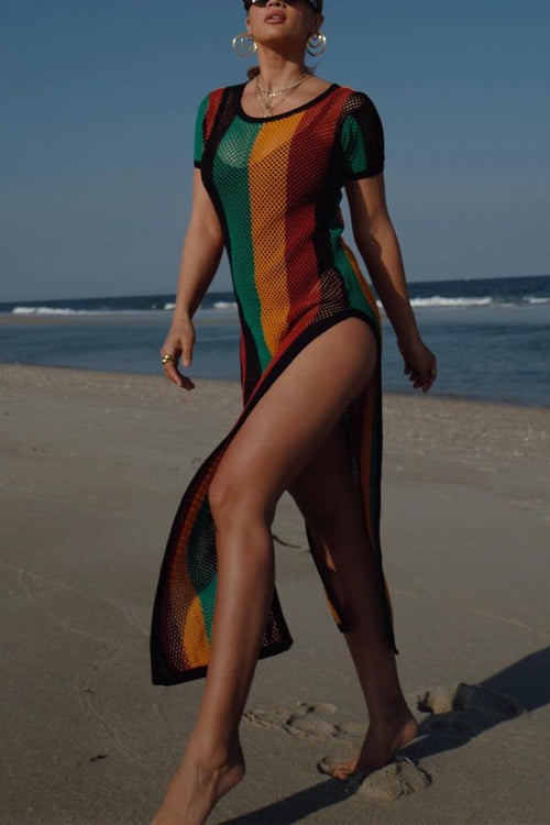 Side Slit Hollow Out Fishnet Striped Midi Dress